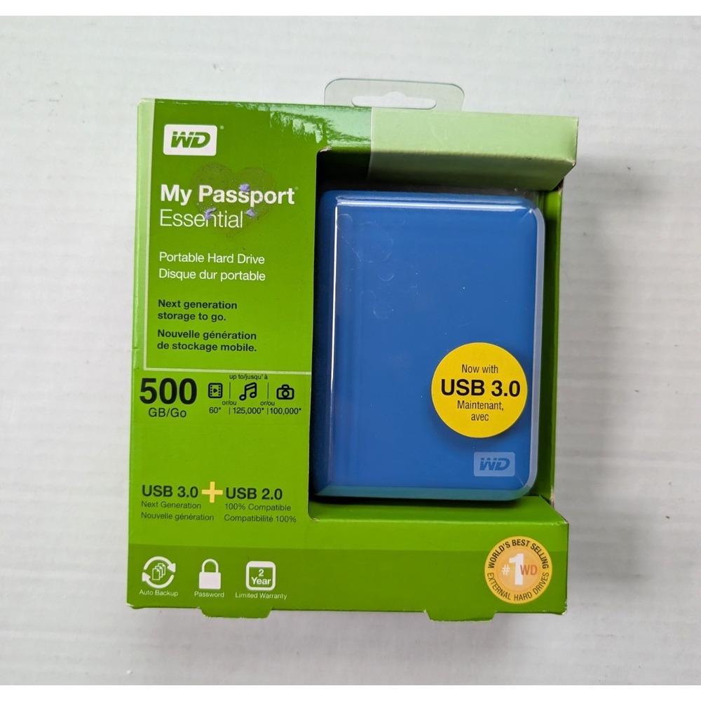 WD My Passport Essential 500GB Blue Portable‎ Hard Drive New Open Box